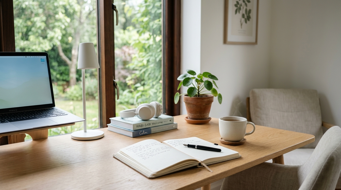 Schreibtisch am Fenster mit Pflanze, Notizbuch und Tasse