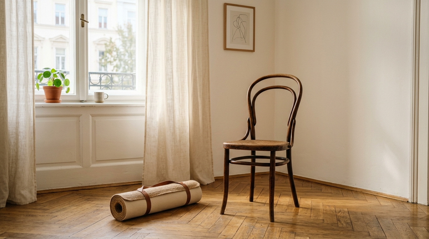 Holzstuhl in einer hellen Wohnung mit Tageslicht und einer aufgerollten Yogamatte