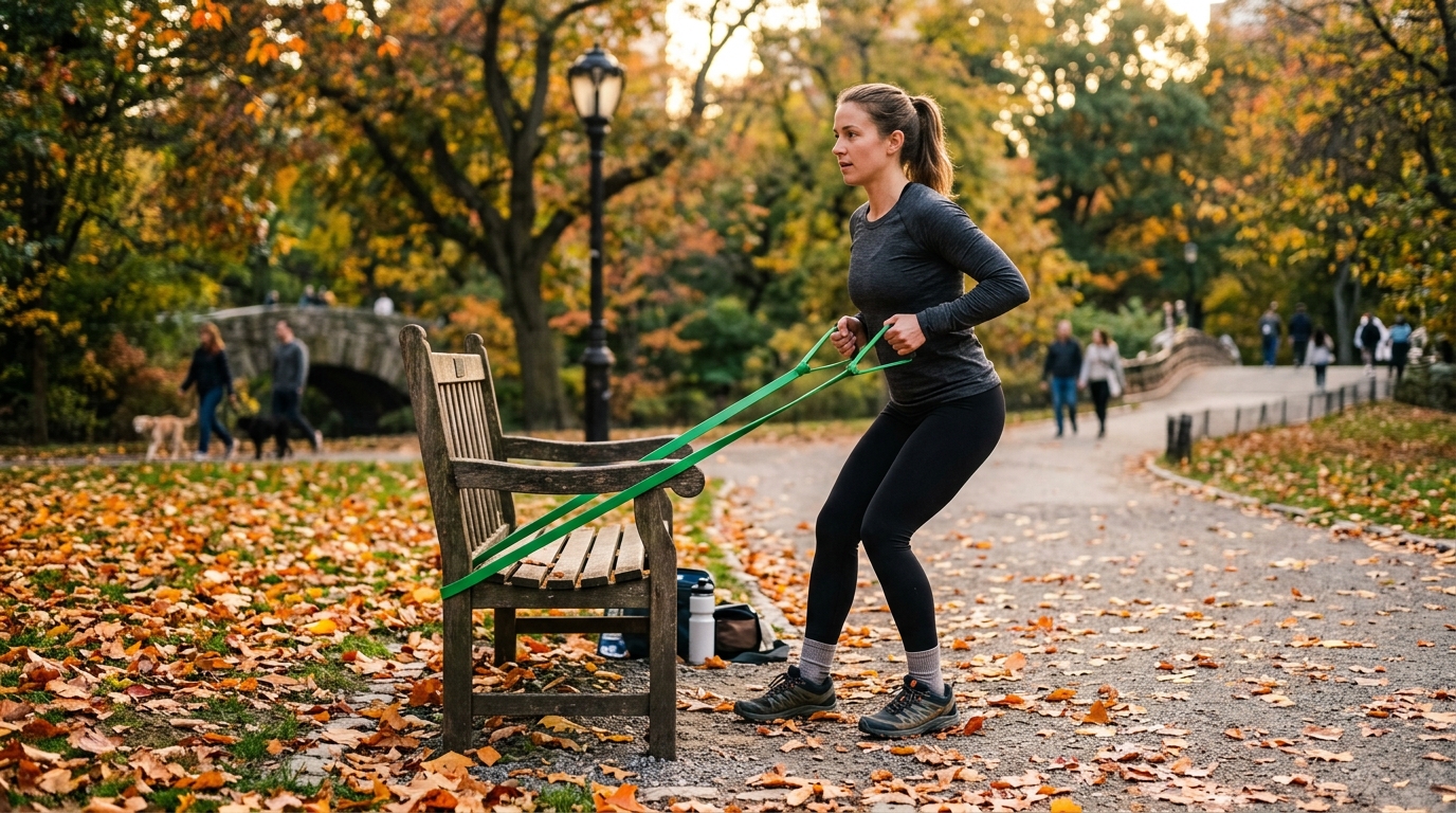 Person mit gr&uuml;nem Fitnessband im Stadtpark, leichter Herbstnebel